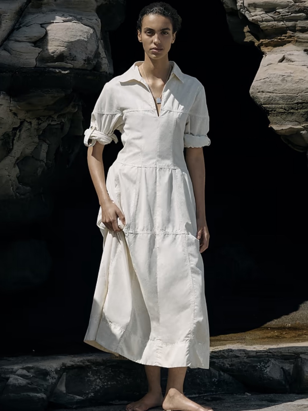 Cream Cotton Twill Paneled Shirt Dress